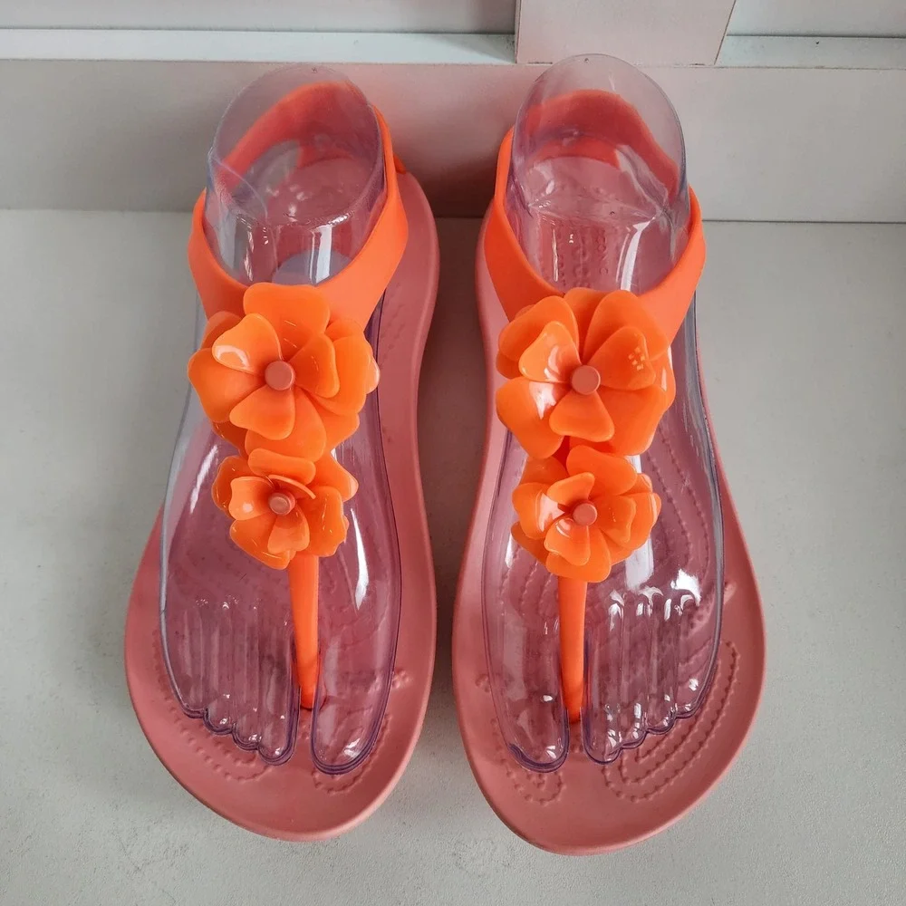 Crocs Serena Floral Sexi Flip Sandals Womens 7 Orange Pink Coral Flowers